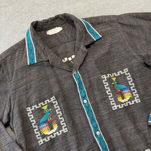 VTG‎ Guatemalan Handwoven Quetzel Peacock Button Down Aztec Shirt Jacket Pockets